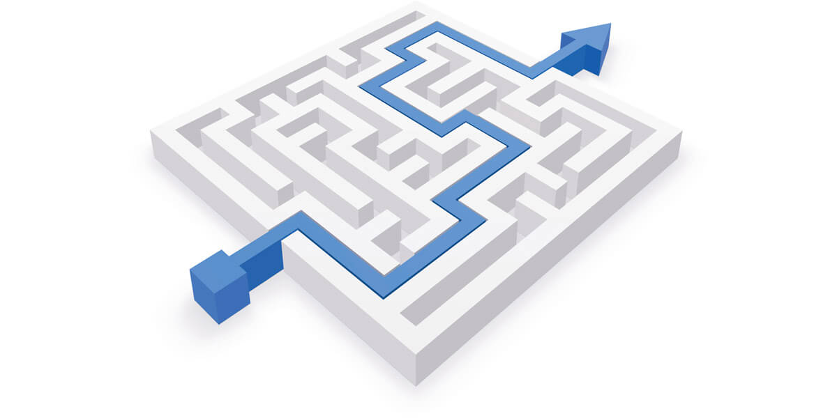 A blue arrow points to a maze on a white background, guiding the way through the intricate paths