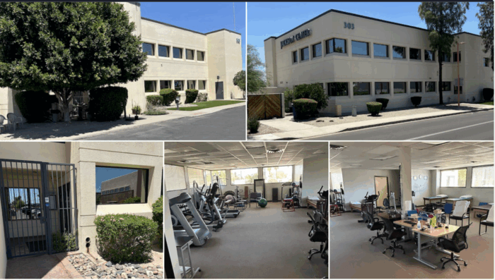 Collage of a beige office building exterior, its gated entrance, and interior views showing a gym with equipment and an open-plan office space with desks and chairs.
