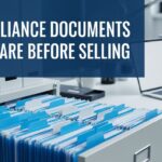 A file cabinet with organized folders in an office, overlaid with the text "7 Compliance Documents to Prepare Before Selling.
