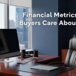 A modern office with a desk, computer, and city view, featuring the text "Financial Metrics Buyers Care About" on the wall.