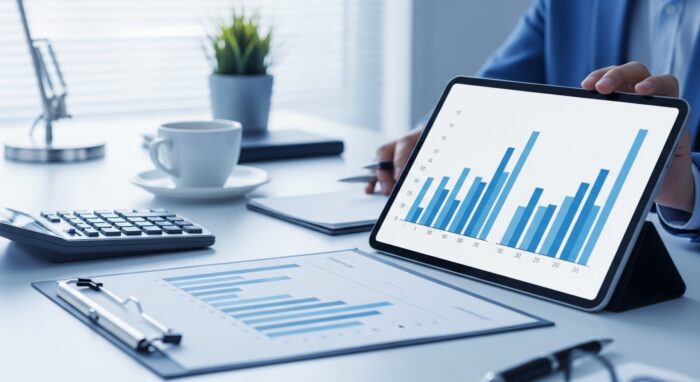 A person displays a tablet with blue bar graphs at a desk, alongside documents, a calculator, a pen, and a cup of coffee.