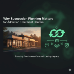 Modern building at sunset next to icons representing succession planning for rehab owners, with text about its importance for addiction treatment centers.