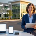 A businesswoman stands outside an office building, holding a tablet, with a laptop and smartphone on a table. Text reads: "How to Attract Serious Rehab Rehab Buyers.