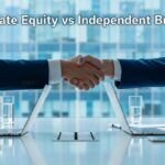 Two people in business suits shake hands across a table with laptops and water glasses, with the text "Private Equity vs Independent Buyer" overlaid.