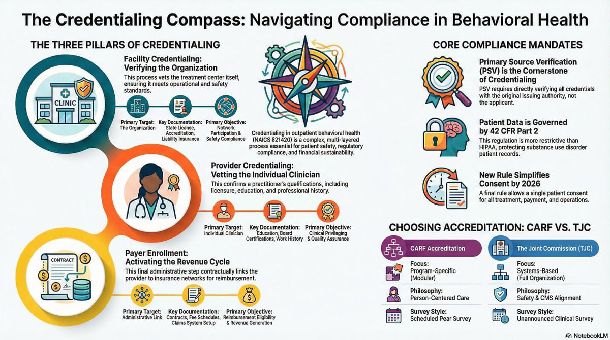 Infographic explains compliance in behavioral health, highlighting Behavioral Health Credentialing Services, key credentialing pillars, vetting clinicians, payer enrollment, core compliance mandates, and a CARF vs. TJC accreditation comparison.