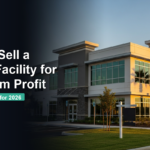 Modern rehab facility exterior with large windows and palm trees, alongside text about selling a rehab facility for maximum profit by 2026.