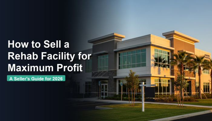 Modern rehab facility exterior with large windows and palm trees, alongside text about selling a rehab facility for maximum profit by 2026.