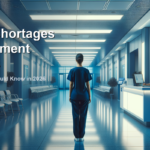 A person stands in a modern, empty treatment center lobby, facing a reception desk where a staff member is seated; text about labor shortages in treatment centers is overlaid.