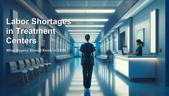 A person stands in a modern, empty treatment center lobby, facing a reception desk where a staff member is seated; text about labor shortages in treatment centers is overlaid.
