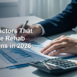 A person in business attire reviews financial charts at a desk with a calculator, paperwork, and pen; the text discusses factors influencing rehab valuations in 2026.