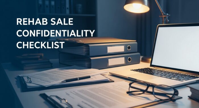 A desk with paperwork, binders, eyeglasses, and a laptop lit by a lamp. Text reads "Rehab Sale Confidentiality Checklist.