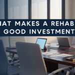 A modern conference room with laptops on the table and a large sign that reads, "What makes a rehab a good investment.