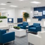 A modern medical waiting room with blue and white chairs, small tables with lamps and plants, and a reception desk in the background.