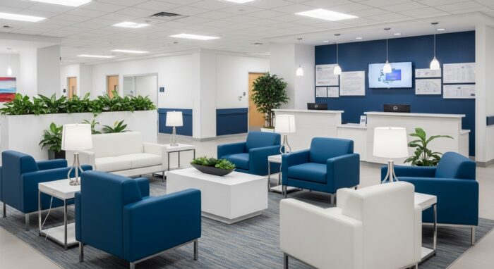 A modern medical waiting room with blue and white chairs, small tables with lamps and plants, and a reception desk in the background.