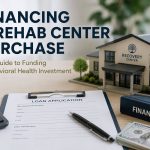 Loan application, calculator, pen, and cash on desk with miniature rehab center model, illustrating financing options for purchasing a behavioral health facility.