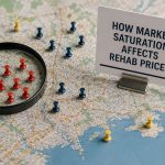 Map with colored pushpins, a magnifying glass highlighting red pins, and a sign reading “How Market Saturation Affects Rehab Prices.”.