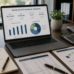 Laptop displaying rehab center financial overview with graphs and metrics on desk, surrounded by papers, a calculator, a pen, a plant, a coffee mug, and a framed sign reading "VALUE STRATEGY SUCCESS.