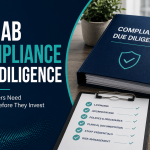 A binder labeled "Compliance Due Diligence" sits on a desk with a checklist and pen; text highlights rehab compliance and investment tips for buyers.