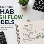 Notebook with cash flow chart, laptop, calculator, pen, and plant on desk; text reads “Understanding Rehab Cash Flow Models: A Guide to Financial Clarity & Smarter Decisions.”.