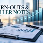 Clipboard with financial charts and a pen on a desk, with “Earn-Outs & Seller Notes” text and an upward arrow graph in the background.