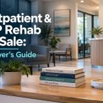 Text overlay on an office lobby photo reads: “Outpatient & IOP Rehab for Sale: A Buyer’s Guide.” A stack of four books on a desk is labeled: “Patient Outcomes,” “Operations,” “Payer Contracts,” and “Due Diligence.”.
