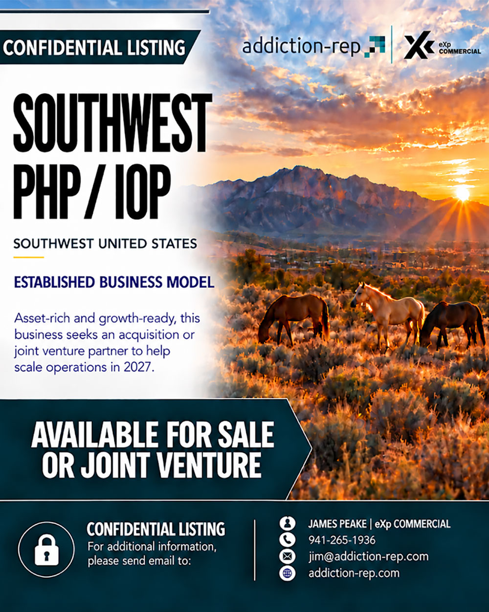 Real estate listing for a Southwest PHP/IOP business available for sale or joint venture, featuring contact information for James Peake at eXp Commercial.